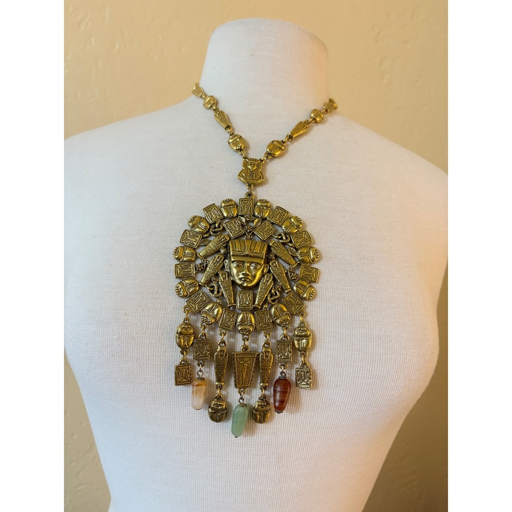 Vintage Egyptian Revival Pharaoh Medallion Necklace Scarab Sarcophagus Gold Tone